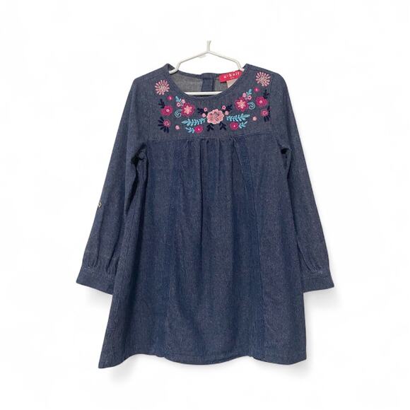 U Knit Girls Denim Long Sleeve Embroidered Floral Pattern Dress 5T - Picture 2 of 6